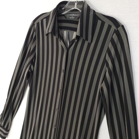 Norma Kamali Shirt Dress Gray Black Vertical Stripe Button-up Stretch Goth sz S - Picture 3 of 11